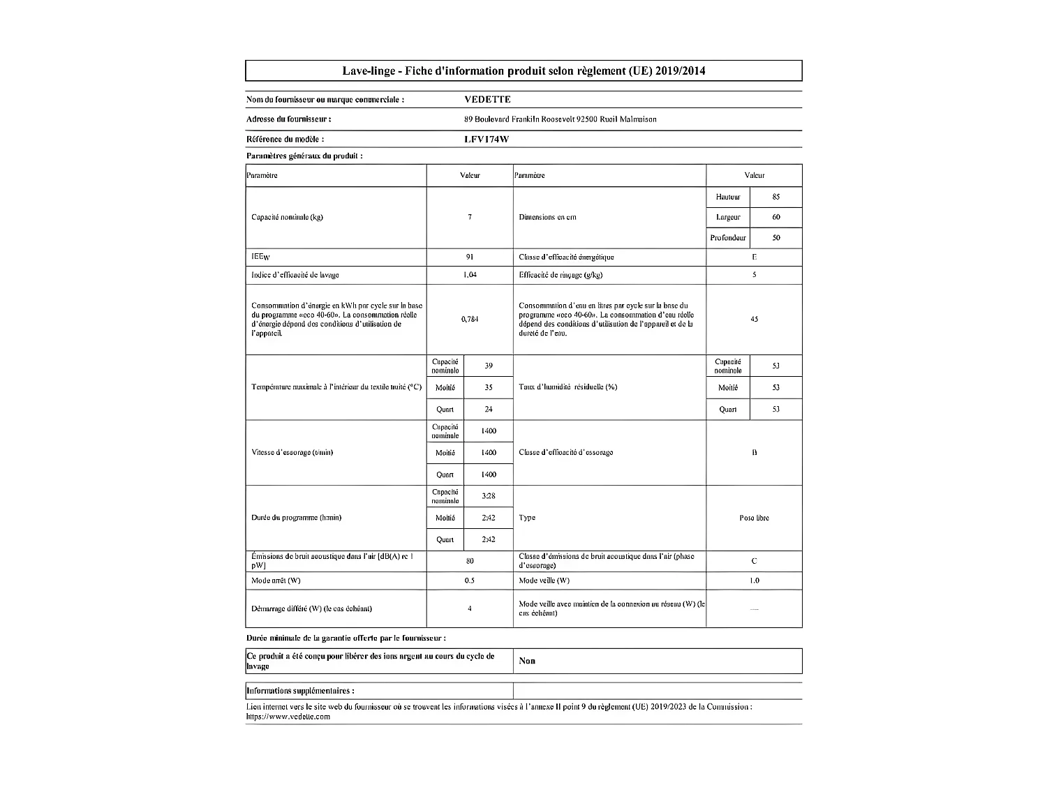 Lave-linge frontaux 7 kgkg 45.5 LL VEDETTE 1400 tours/mintr/min 59.5 cmcm E, LFV174W