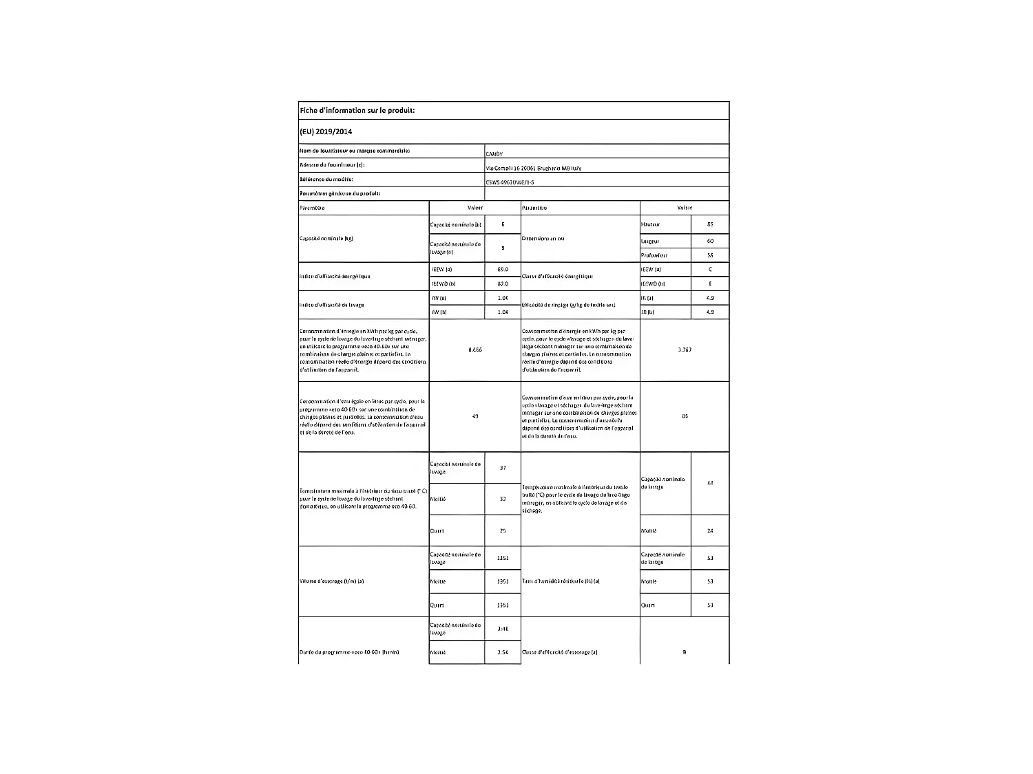 Lave-linge frontaux 9kg CANDY E, CSWS4962DWE1S