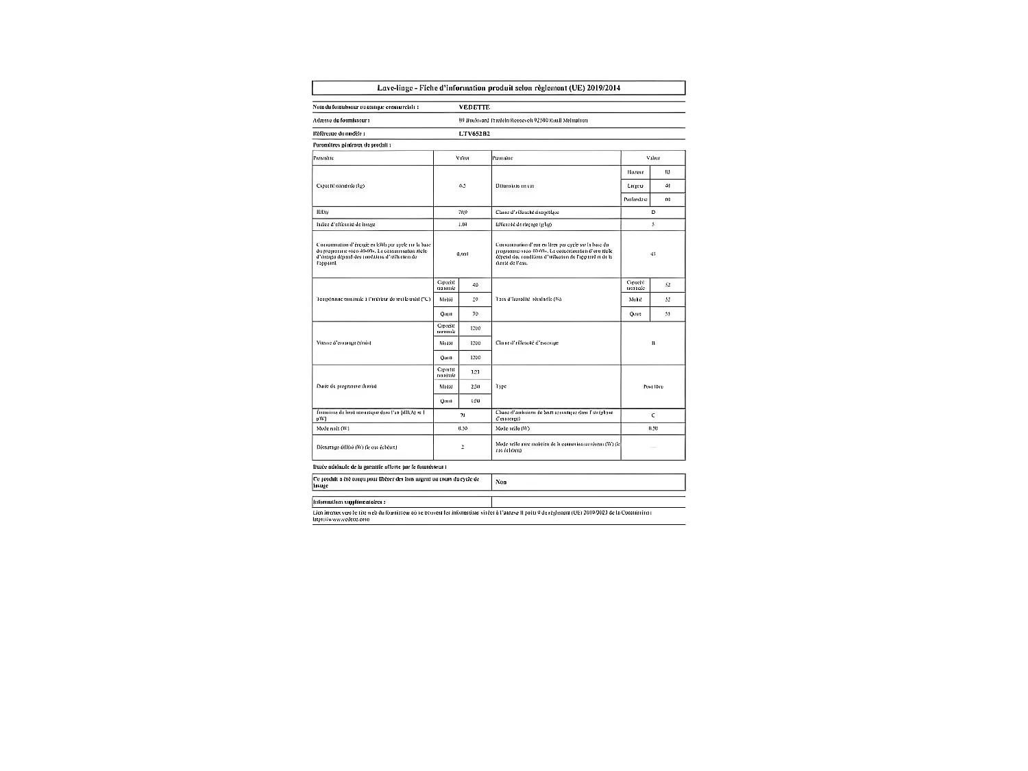 Lave-linge top 42L VEDETTE 1200tr/min 40cm D, LTV652B2