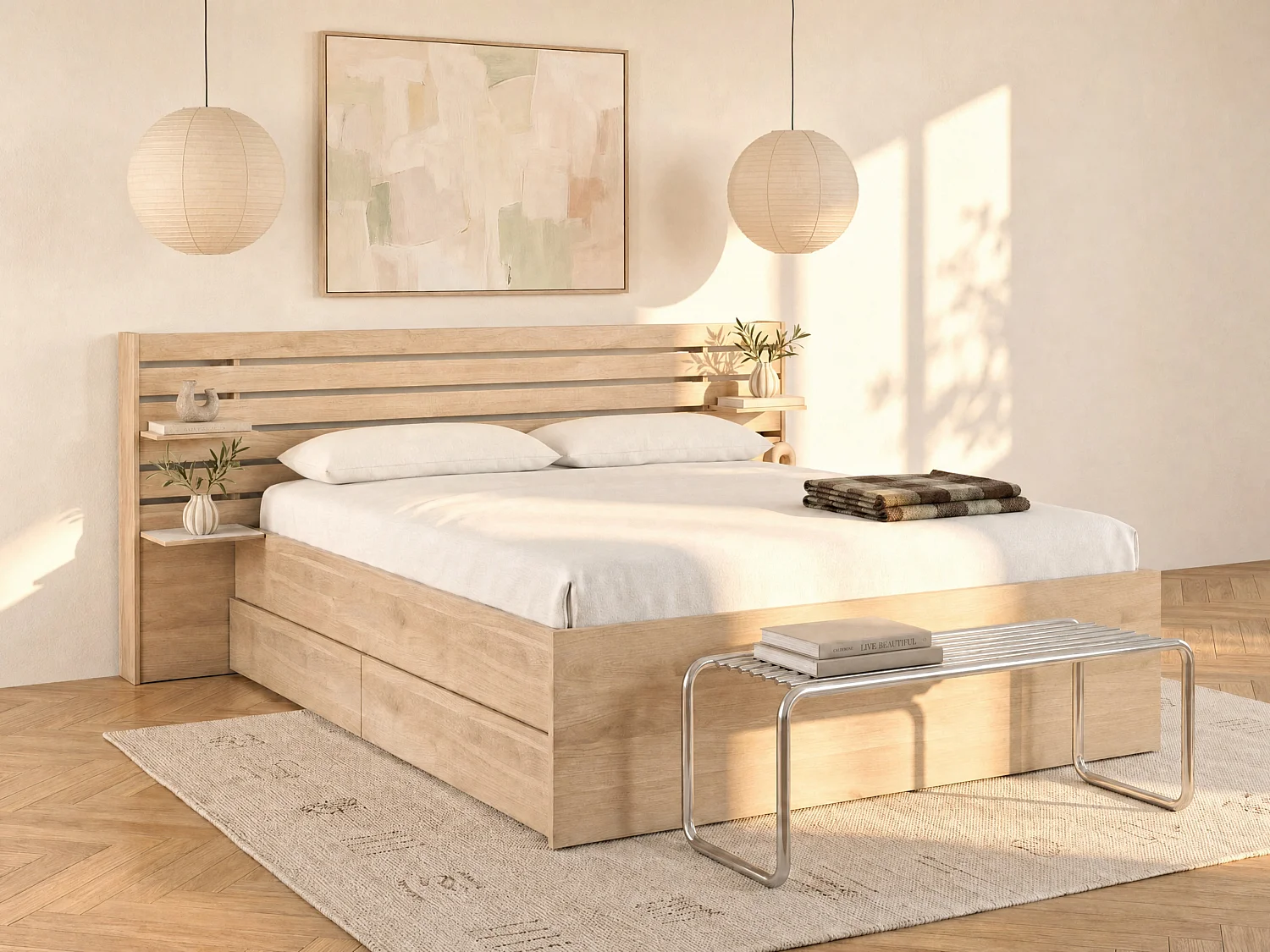 Bed 180 x 200 cm met opbergruimte - Kleur: naturel + bedbodem - TENALIA