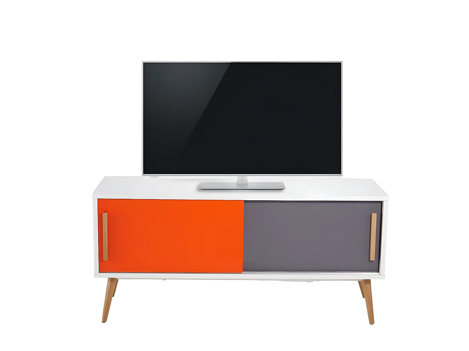 Meuble TV 50 Pouces Blanc Portes Coulissantes Orange et Gris L 120 H 55 P 40 cm