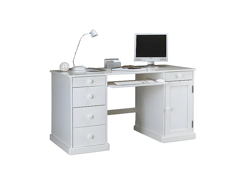 Bureau Informatique Blanc 1 Porte 5 Tiroirs Style Anglais L 141 H 77 P 70 cm