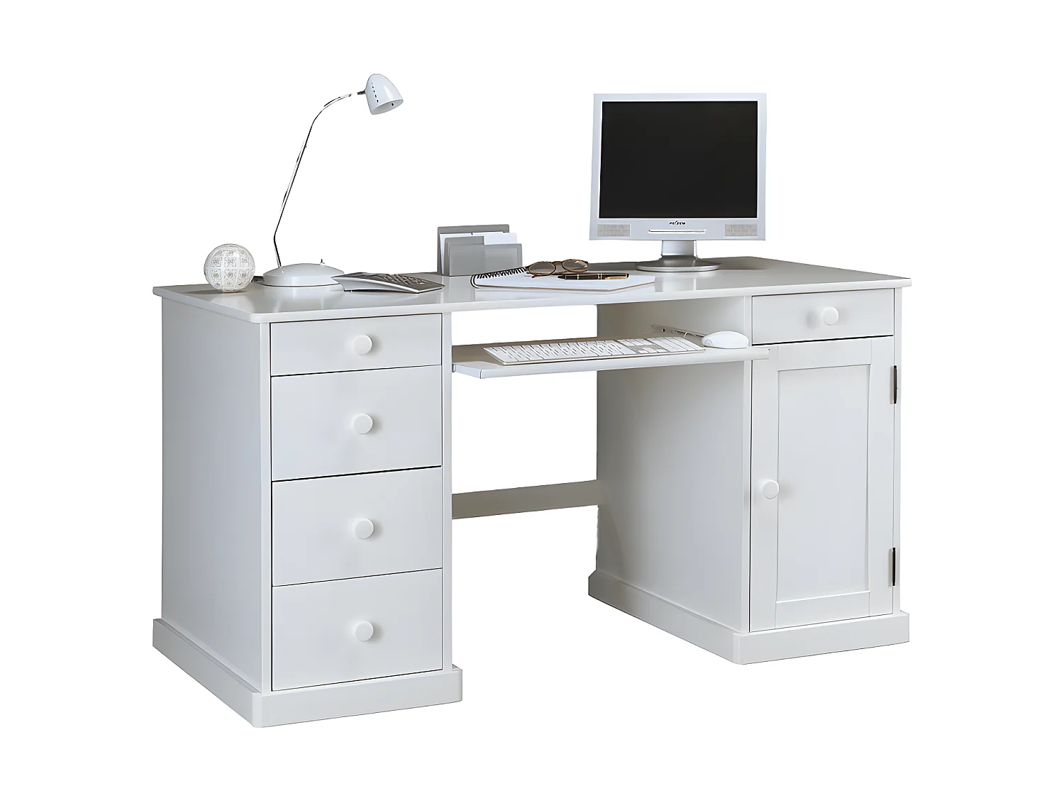 Bureau Informatique Blanc 1 Porte 5 Tiroirs Style Anglais L 141 H 77 P 70 cm