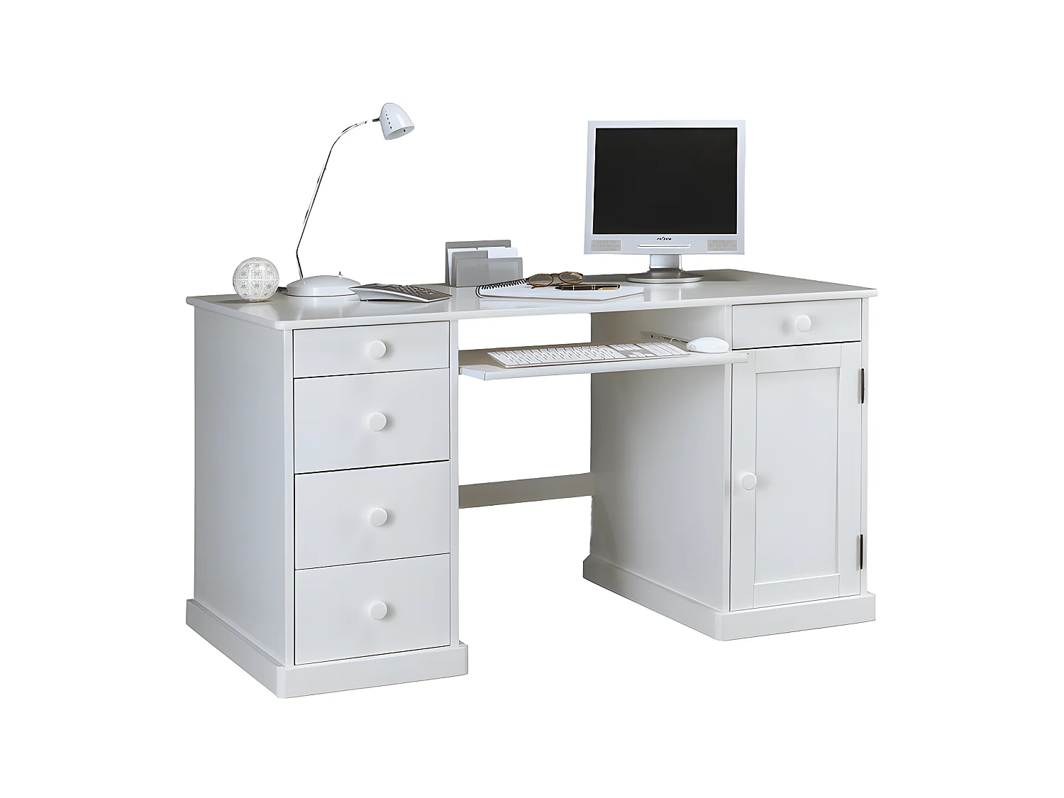 Bureau Informatique Blanc 1 Porte 5 Tiroirs Style Anglais L 141 H 77 P 70 cm