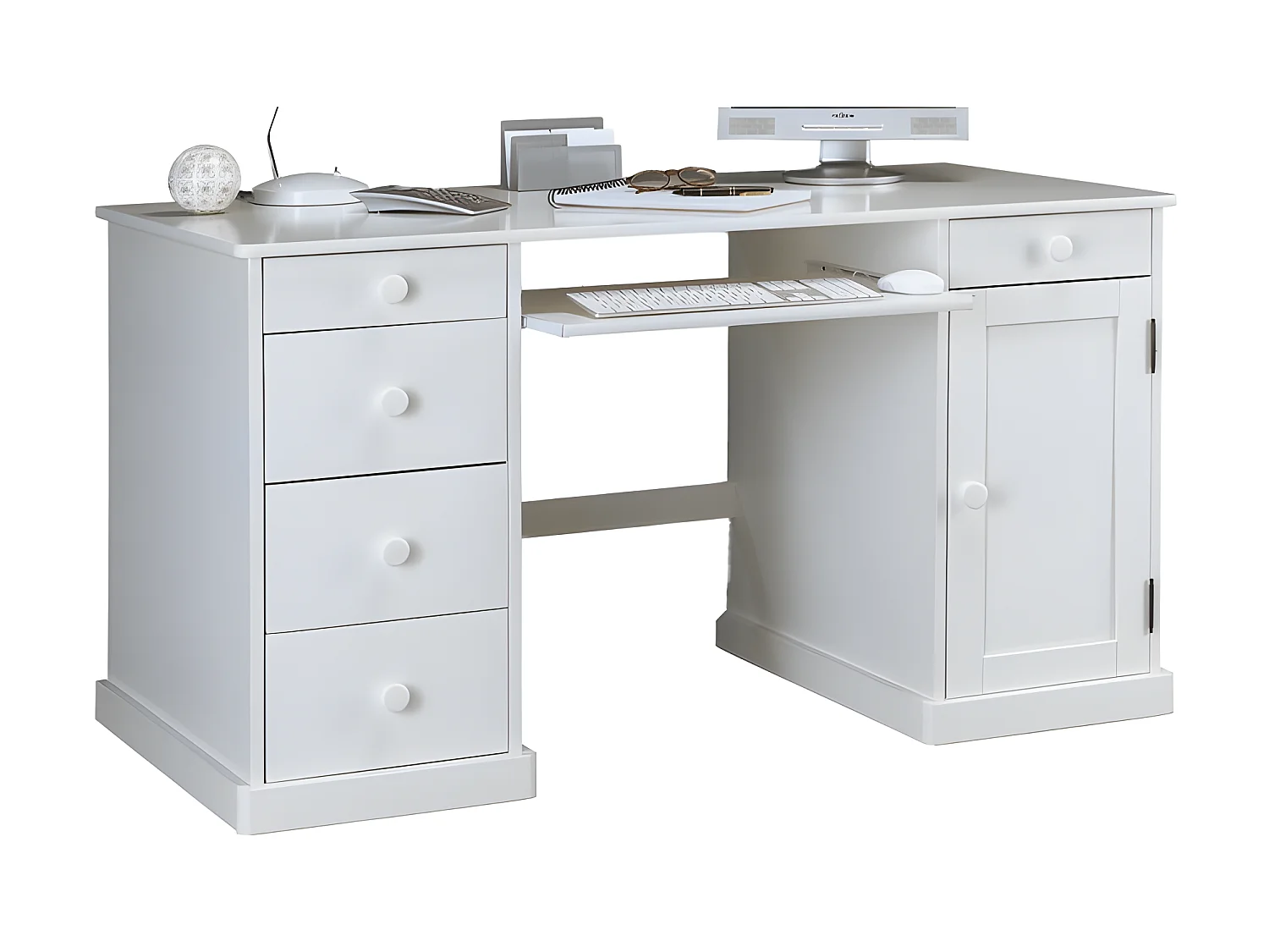 Bureau Informatique Blanc 1 Porte 5 Tiroirs Style Anglais L 141 H 77 P 70 cm