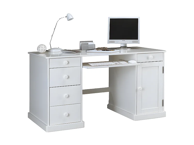 Bureau Informatique Blanc 1 Porte 5 Tiroirs Style Anglais L 141 H 77 P 70 cm