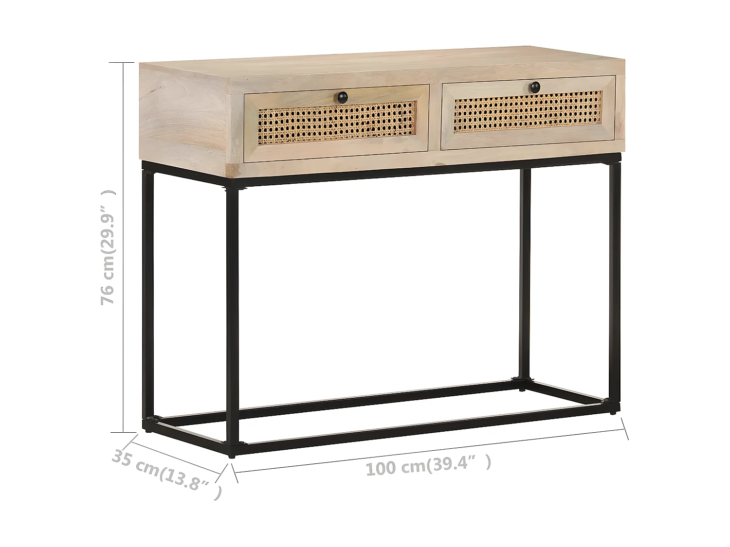 Table console 100x35x76 Bois de manguier et canne naturelle