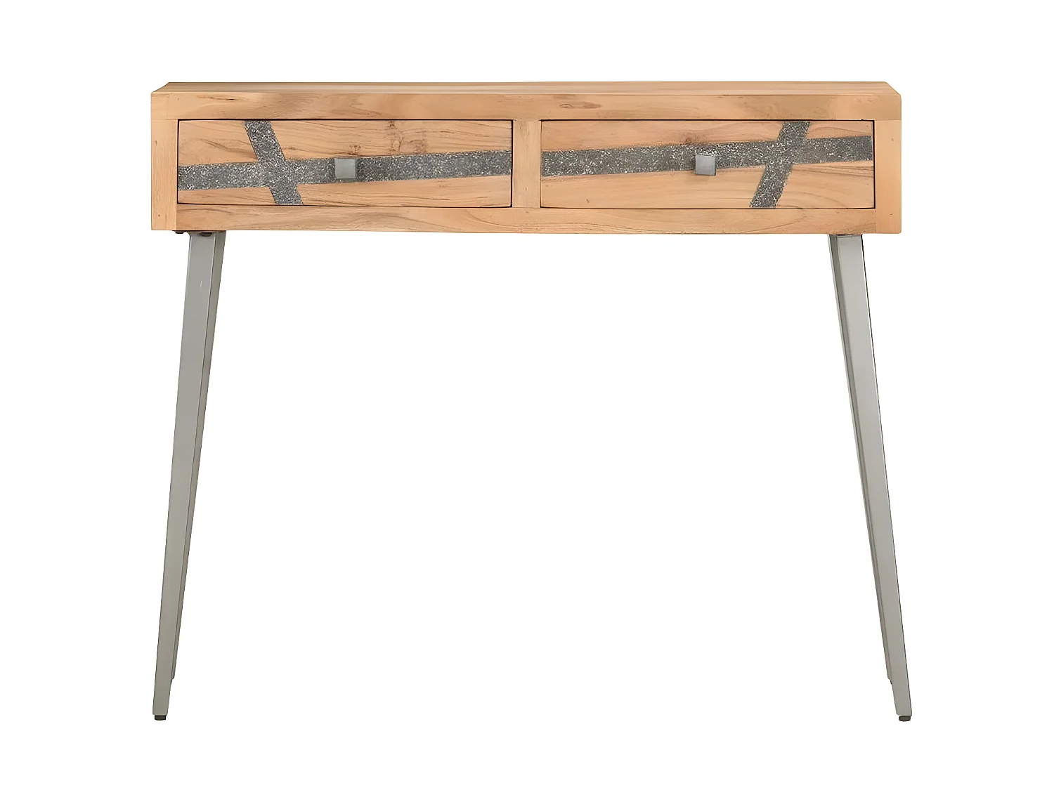 Console 2 tiroirs acacia massif clair et métal gris Phani