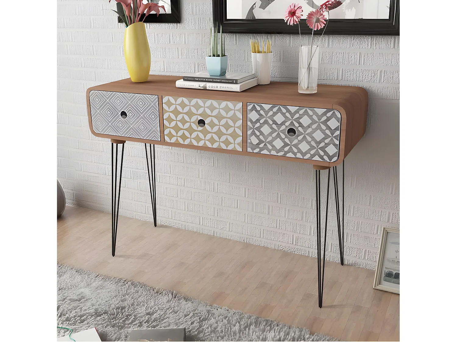 Console 3 tiroirs bois marron et pieds métal noir Chicca