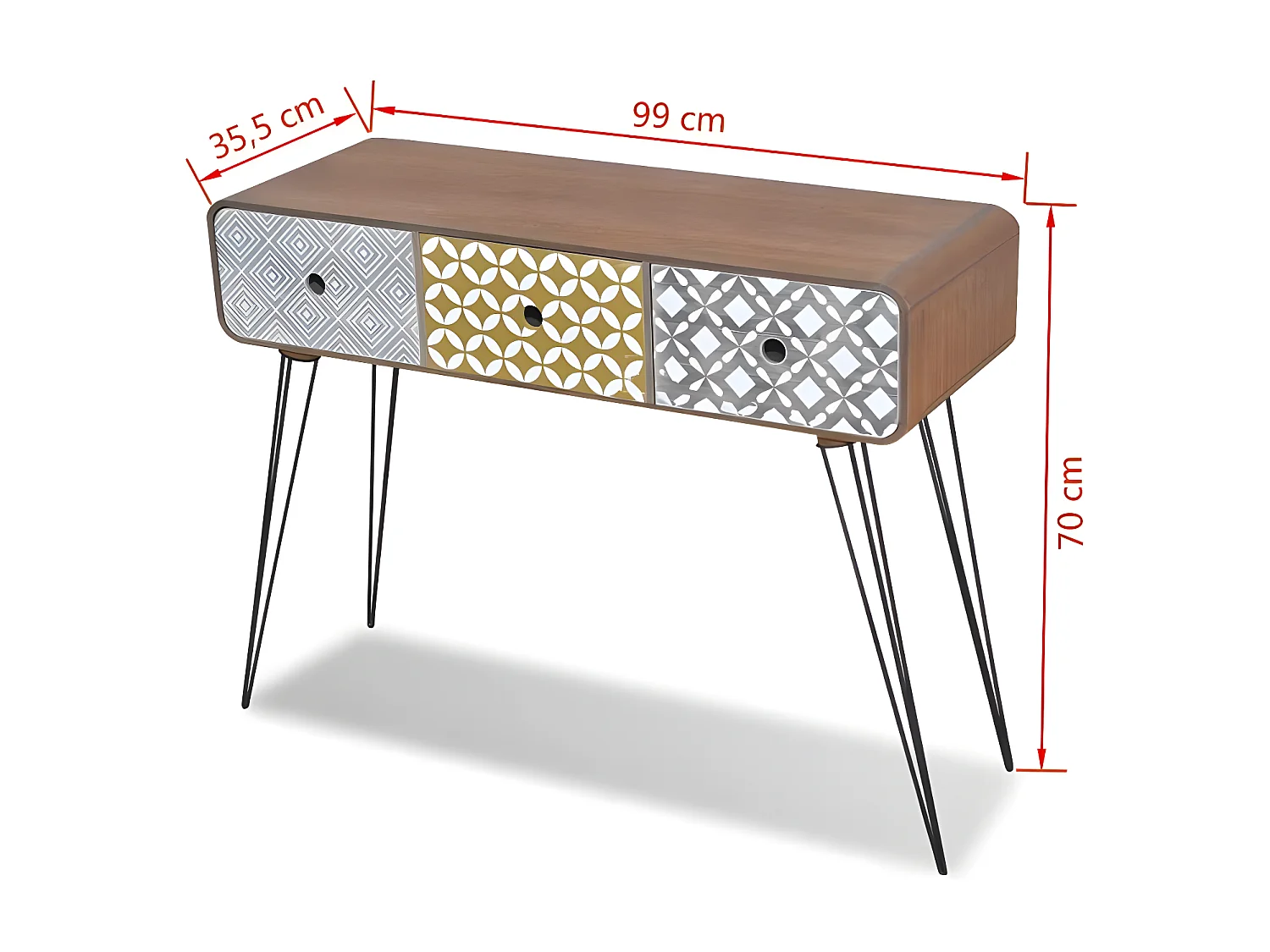 Console 3 tiroirs bois marron et pieds métal noir Chicca