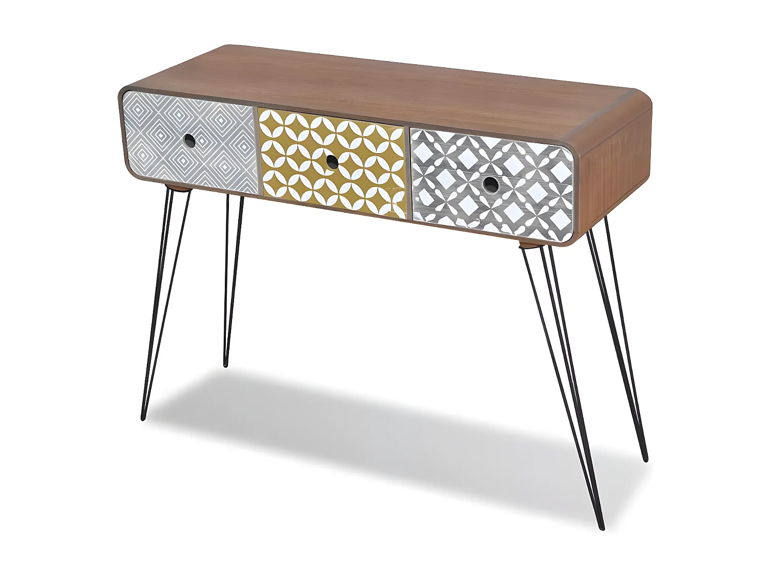 Console 3 tiroirs bois marron et pieds métal noir Chicca
