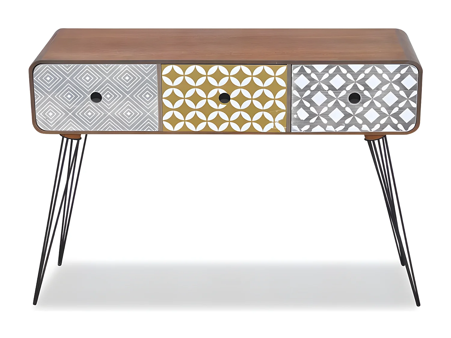 Console 3 tiroirs bois marron et pieds métal noir Chicca