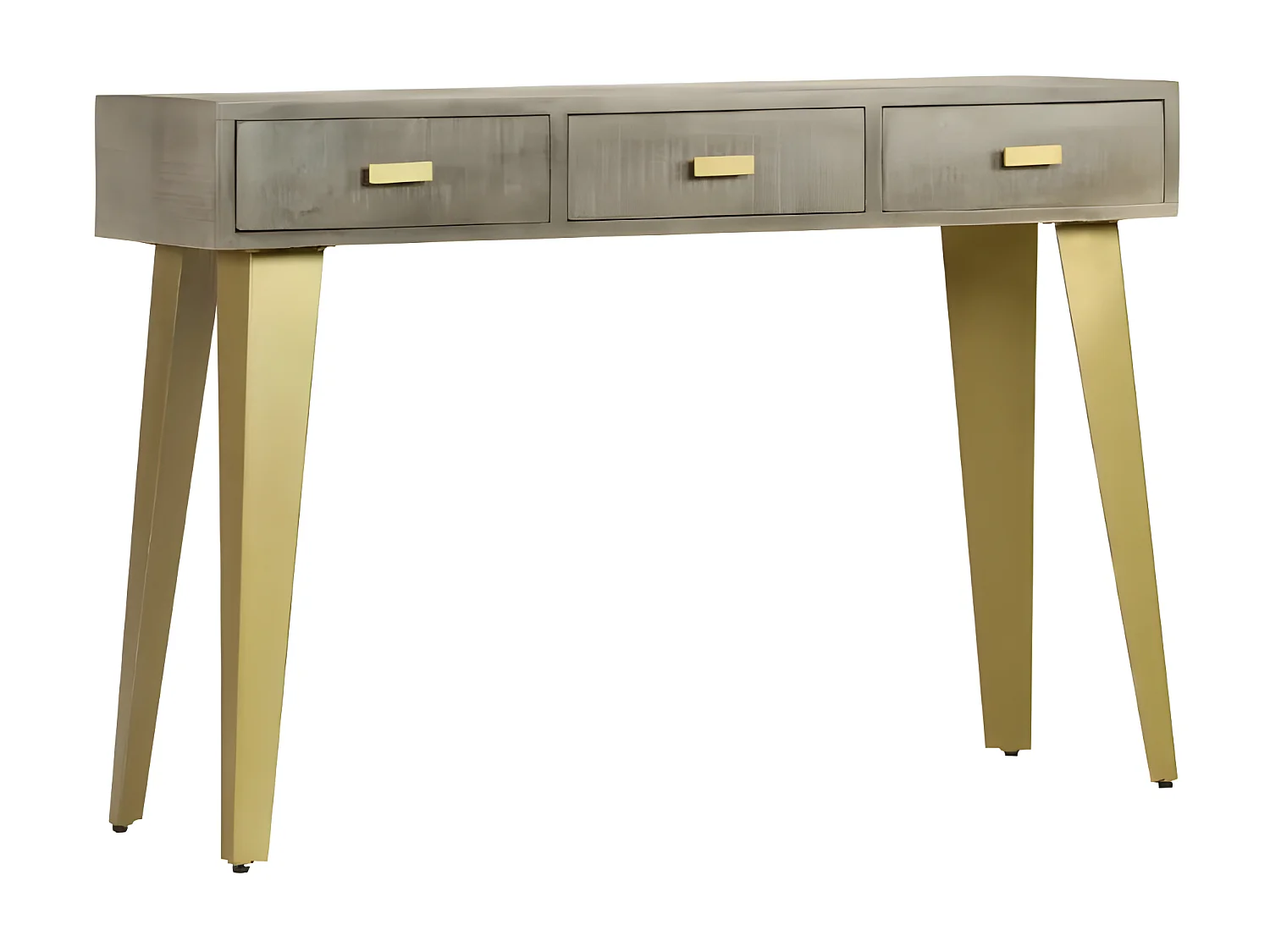 Console 3 tiroirs manguier massif gris et pieds métal doré Heintz