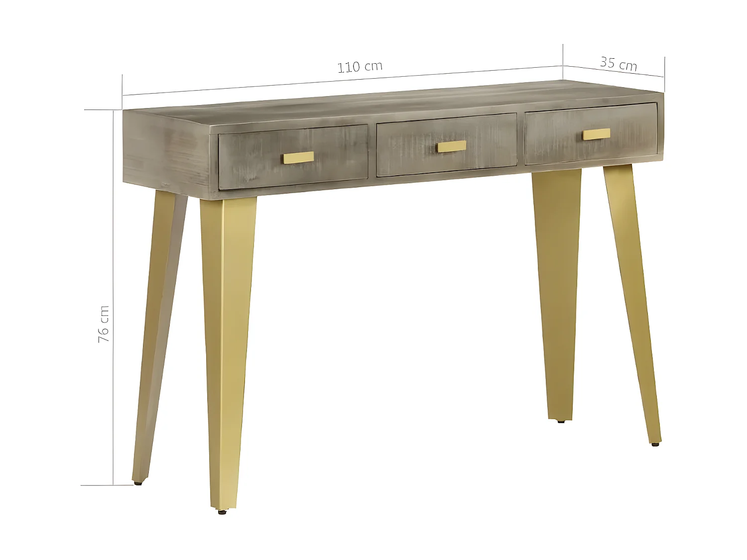 Console 3 tiroirs manguier massif gris et pieds métal doré Heintz