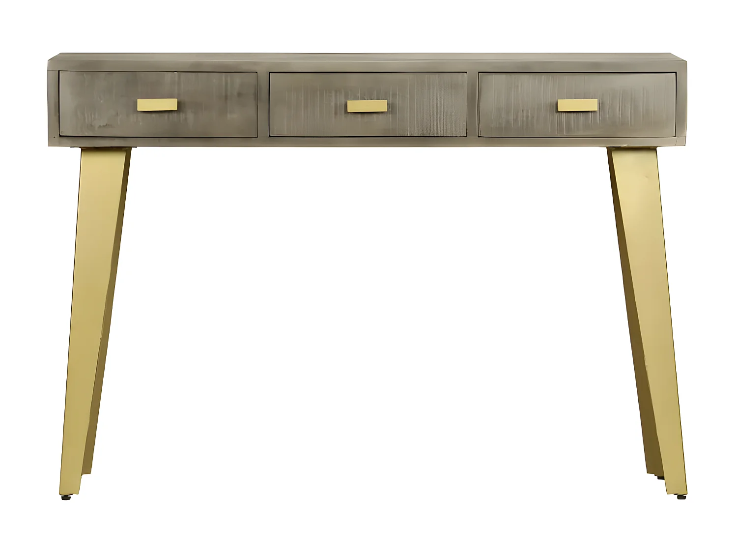 Console 3 tiroirs manguier massif gris et pieds métal doré Heintz