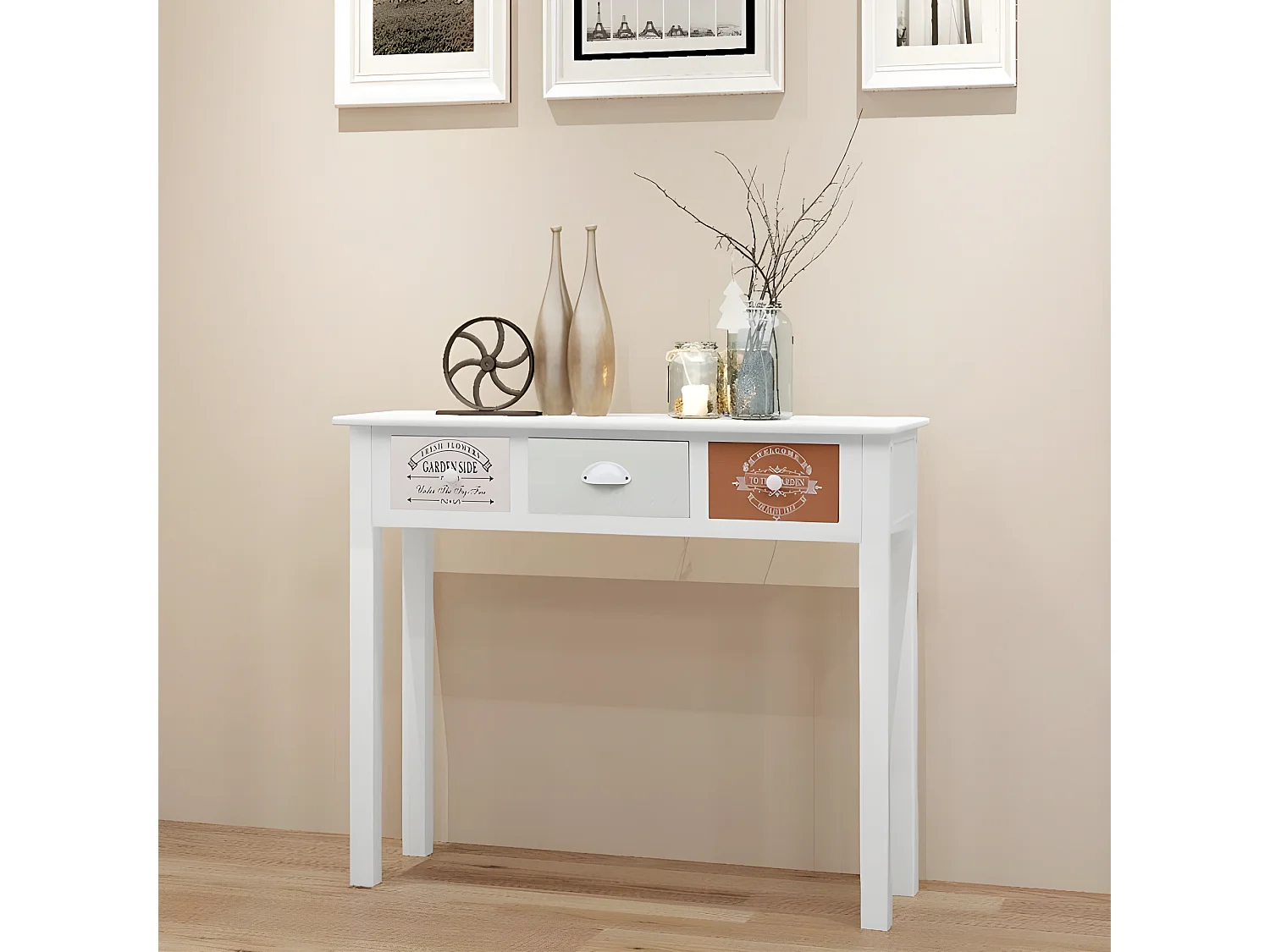 Console 3 tiroirs paulownia massif blanc Frenchy