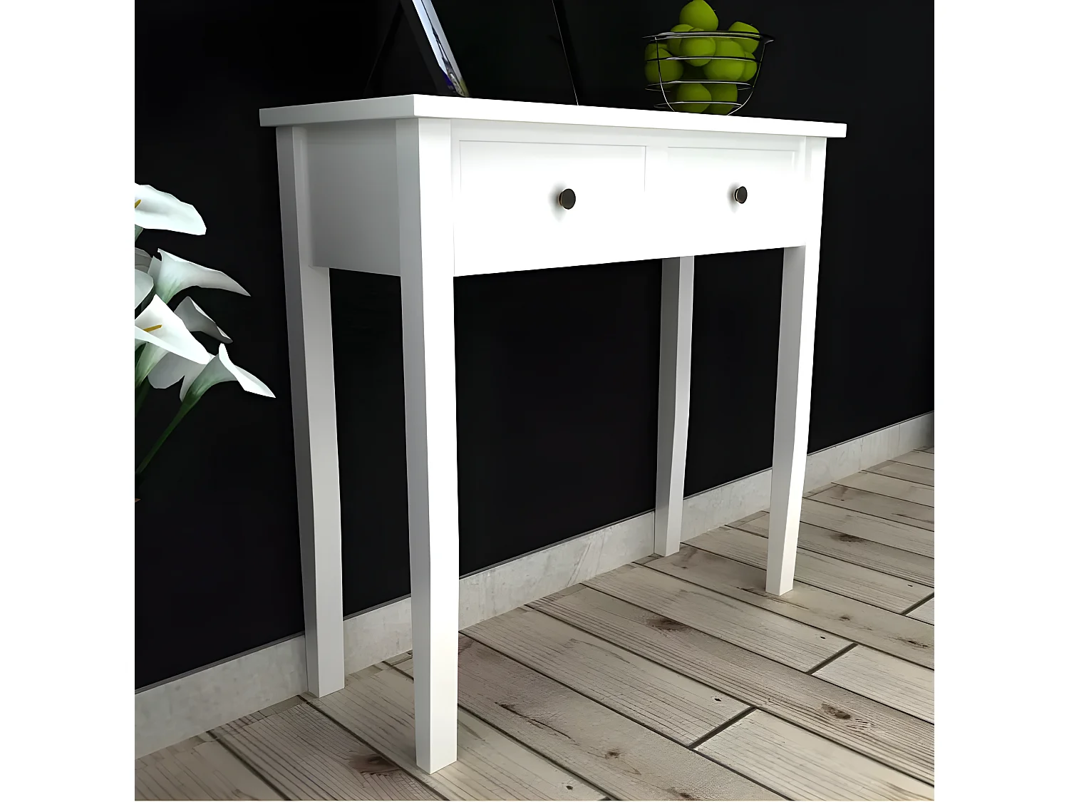 Console coiffeuse 2 tiroirs bois et pin massif blanc Iris