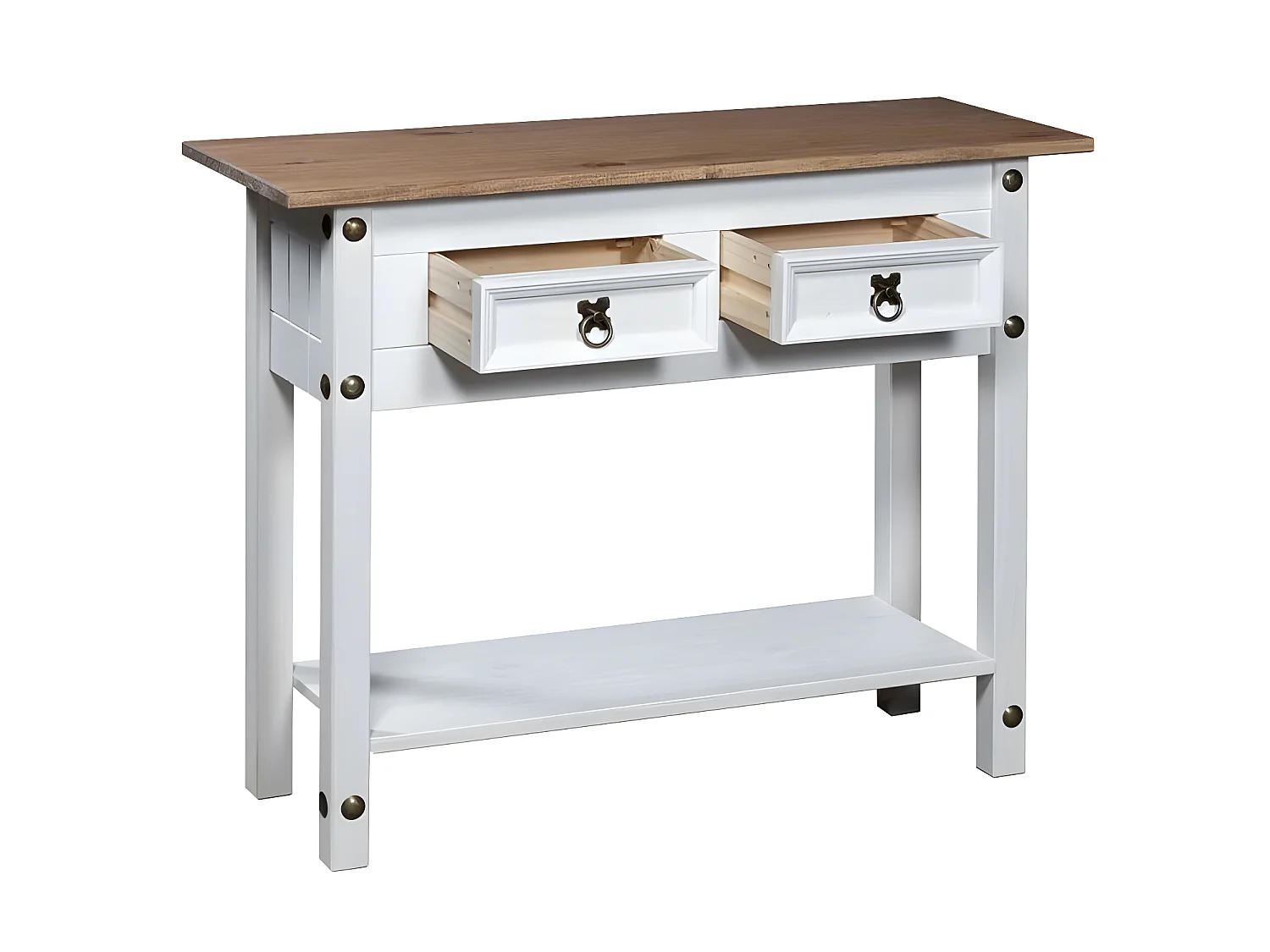 Console 2 tiroirs pin massif foncé et blanc Ronnia