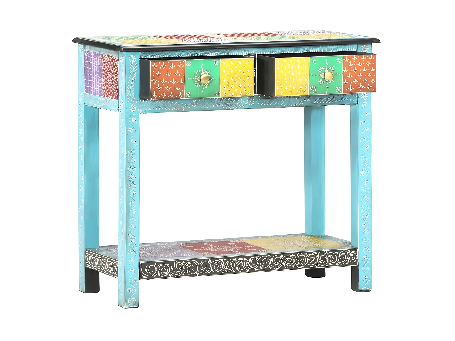 Console 2 tiroirs manguier massif bleu et multicolore Coloria