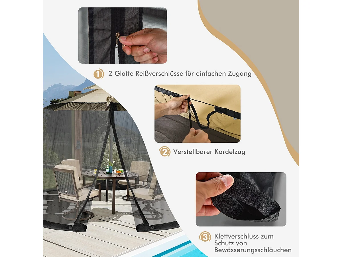 Moustiquaire pour Parasol en Maille Polyester avec Fermeture Eclair et Base Remplissable pour Parasol de ø2,5 à 3 m Noir
