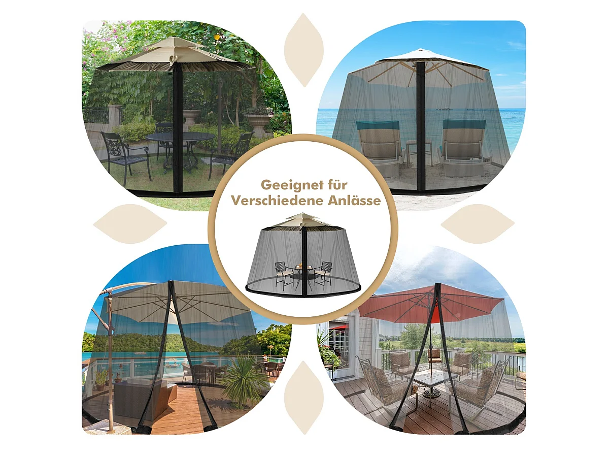 Moustiquaire pour Parasol en Maille Polyester avec Fermeture Eclair et Base Remplissable pour Parasol de ø2,5 à 3 m Noir