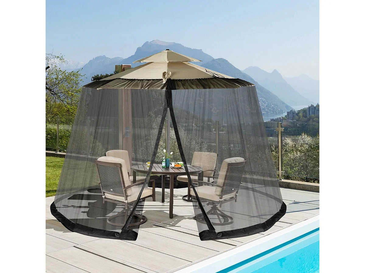 Moustiquaire pour Parasol en Maille Polyester avec Fermeture Eclair et Base Remplissable pour Parasol de ø2,5 à 3 m Noir