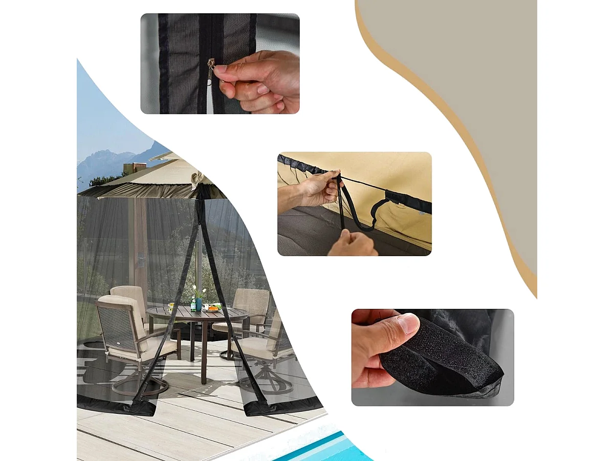 Moustiquaire pour Parasol en Maille Polyester avec Fermeture Eclair et Base Remplissable pour Parasol de ø2,5 à 3 m Noir