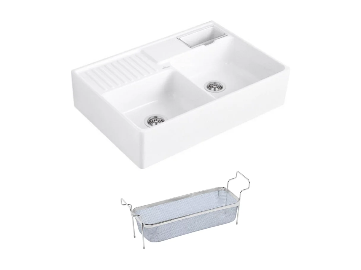 Evier timbre d'office VILLEROY ET BOCH Tradition 2 bacs 89,5 x 63 céramique vidage auto blanc + Panier vaiselle