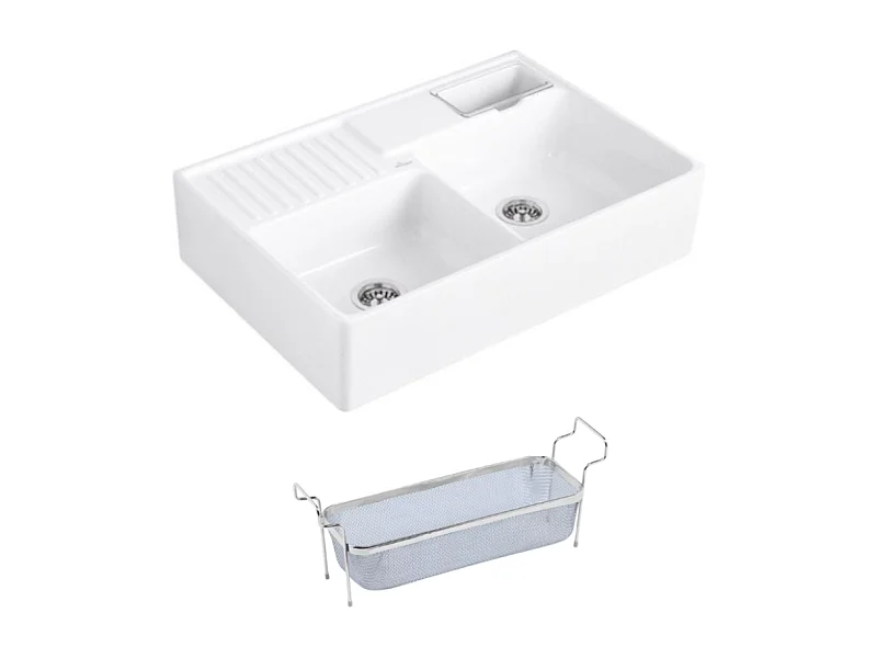 Evier timbre d'office VILLEROY ET BOCH Tradition 2 bacs 89,5 x 63 céramique vidage auto blanc + Panier vaiselle