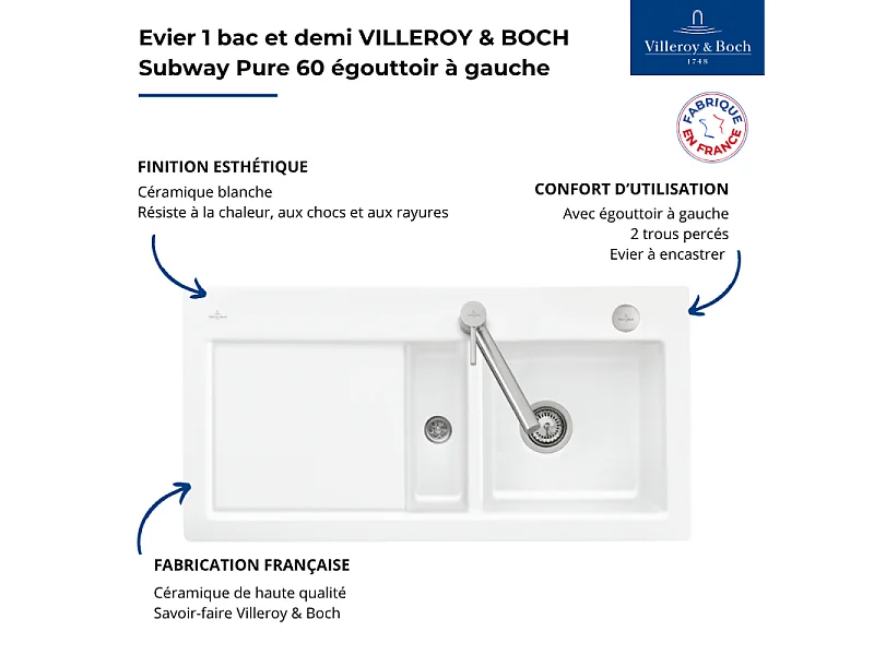 Evier 1 bac et demi VILLEROY ET BOCH Subway Pure 60 100 x 51 égouttoir à gauche céramique sans vidage blanc