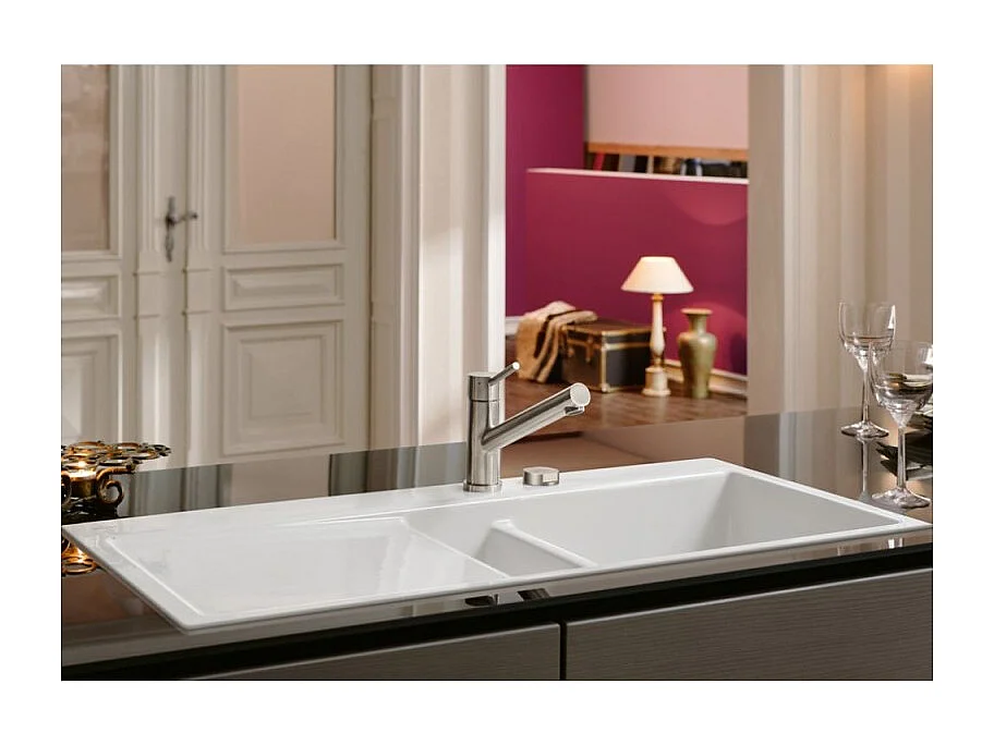 Evier 1 bac et demi avec egouttoir a droite VILLEROY ET BOCH Subway Pure 60 100 x 51 cm Blanc vidage automatique inclus