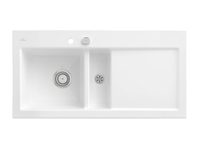 Evier 1 bac et demi avec egouttoir a droite VILLEROY ET BOCH Subway Pure 60 100 x 51 cm Blanc vidage automatique inclus
