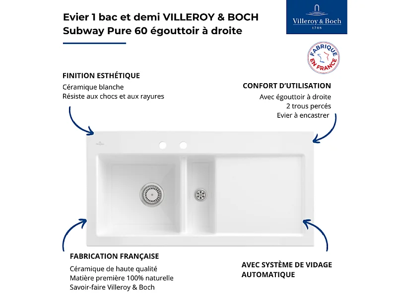 Evier 1 bac et demi avec egouttoir a droite VILLEROY ET BOCH Subway Pure 60 100 x 51 cm Blanc vidage automatique inclus