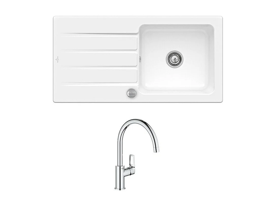 Evier 1 bac 100 x 51 cm VILLEROY ET BOCH Architectura 60 Blanc + Robinet cuisine GROHE Bauloop