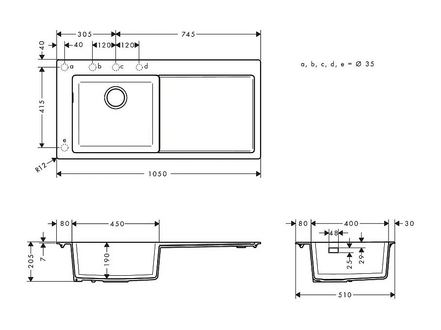 Evier à encastrer 1 bac HANSGROHE S51 450 égouttoir à droite sans vidage noir graphite