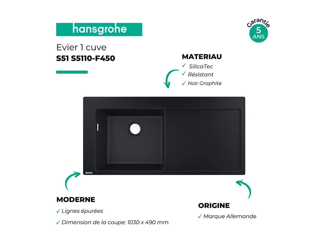 Evier à encastrer 1 bac HANSGROHE S51 450 égouttoir à droite sans vidage noir graphite