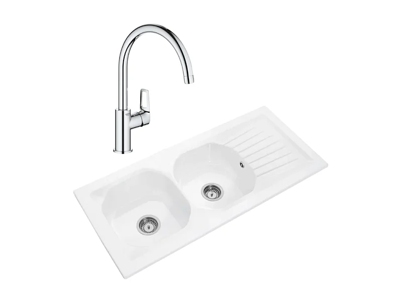 Evier 2 bacs VILLEROY ET BOCH Nestor Plus + Mitigeur cuisine bec haut GROHE Bauloop