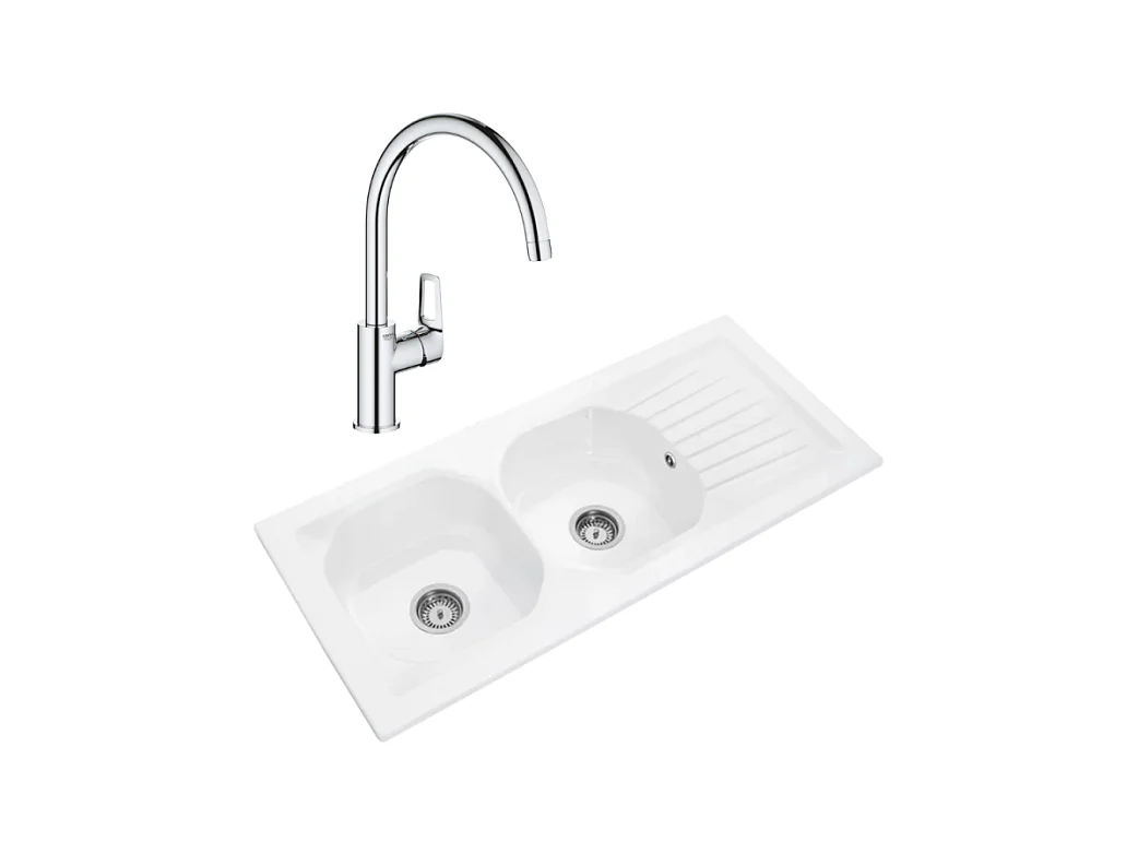 Evier 2 bacs VILLEROY ET BOCH Nestor Plus + Mitigeur cuisine bec haut GROHE Bauloop