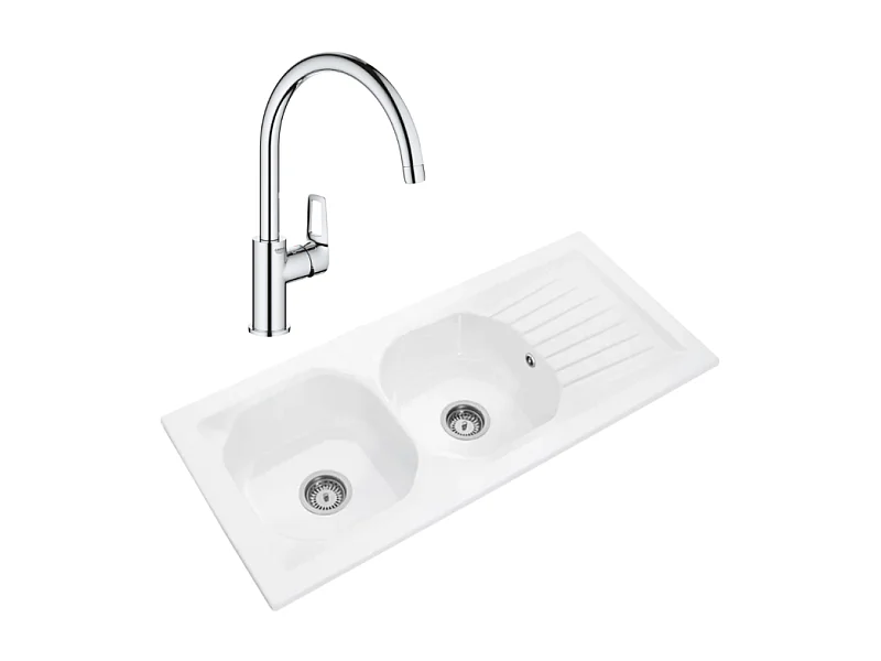Evier 2 bacs VILLEROY ET BOCH Nestor Plus + Mitigeur cuisine bec haut GROHE Bauloop