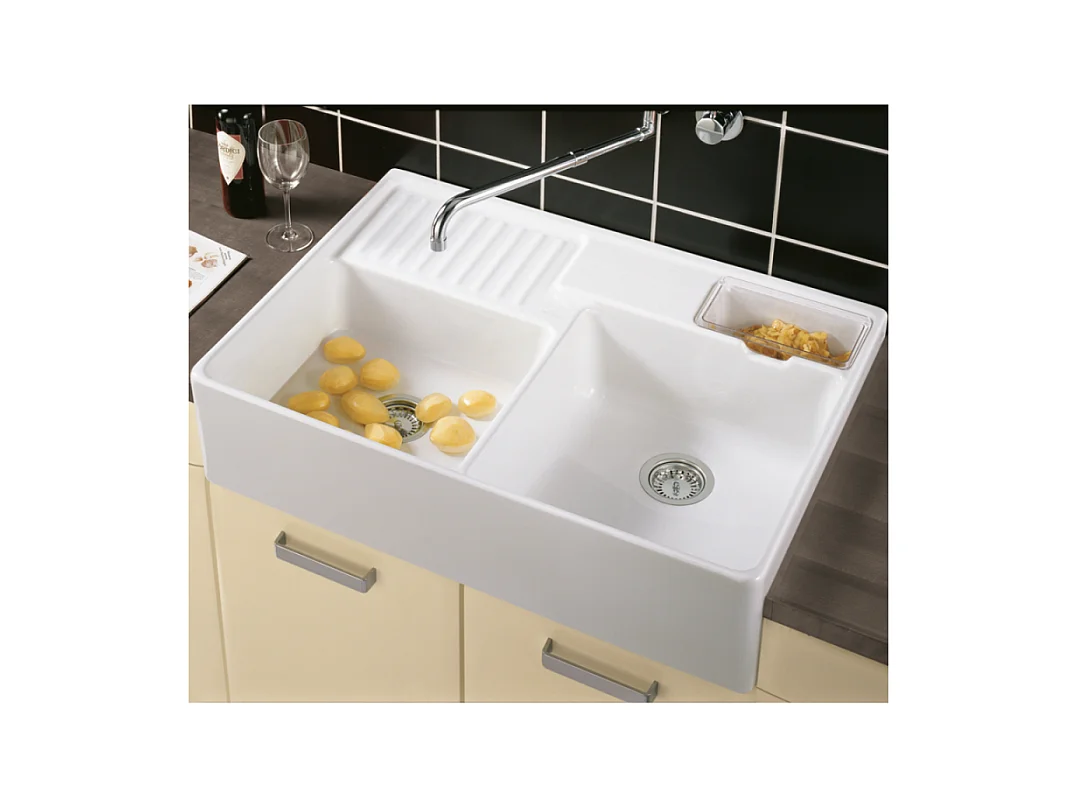 Evier timbre d'office VILLEROY ET BOCH Tradition 2 bacs 89,5 x 63 céramique vidage manuel blanc + Cache bonde or