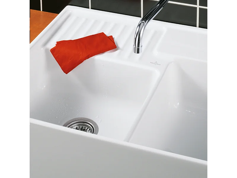 Evier timbre d'office VILLEROY ET BOCH Tradition 2 bacs 89,5 x 63 céramique vidage manuel blanc + Cache bonde or