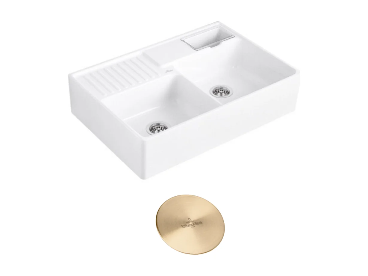 Evier timbre d'office VILLEROY ET BOCH Tradition 2 bacs 89,5 x 63 céramique vidage manuel blanc + Cache bonde or