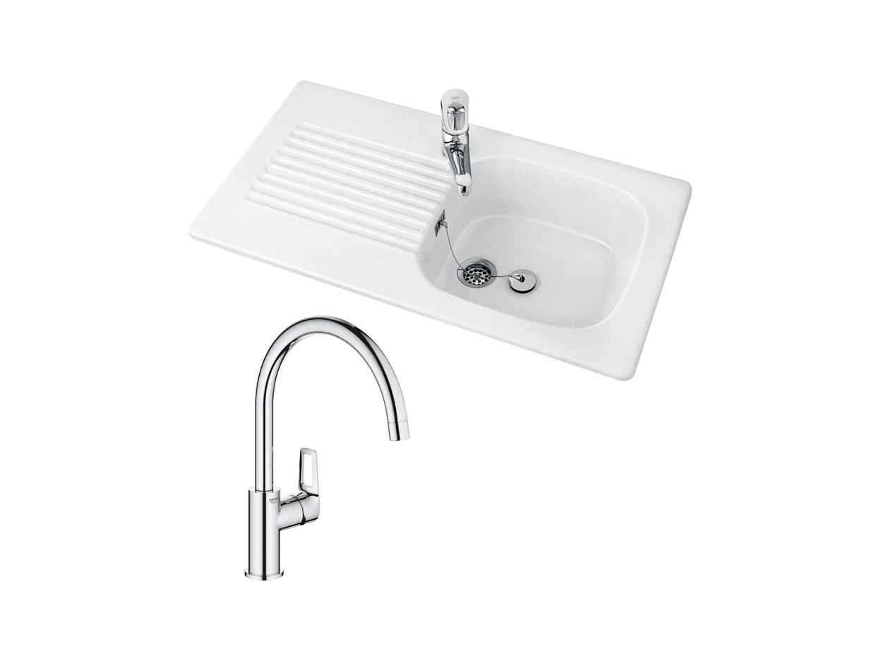 Evier 1 bac VILLEROY ET BOCH  Tudor + mitigeur cuisine GROHE Bauloop bec haut