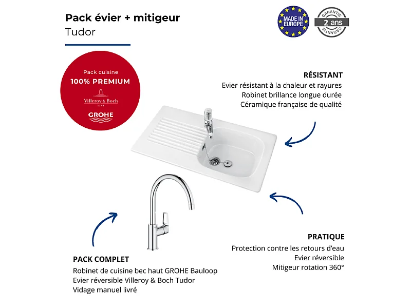 Evier cuisine 1 bac Villeroy et Boch Tudor + Mitigeur cuisine bec haut Grohe Bauloop