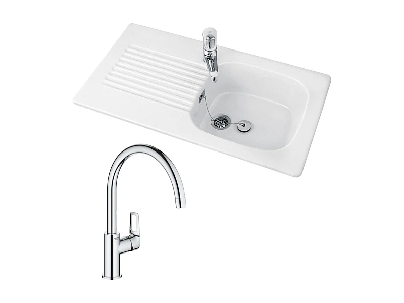 Evier 1 bac VILLEROY ET BOCH  Tudor + mitigeur cuisine GROHE Bauloop bec haut