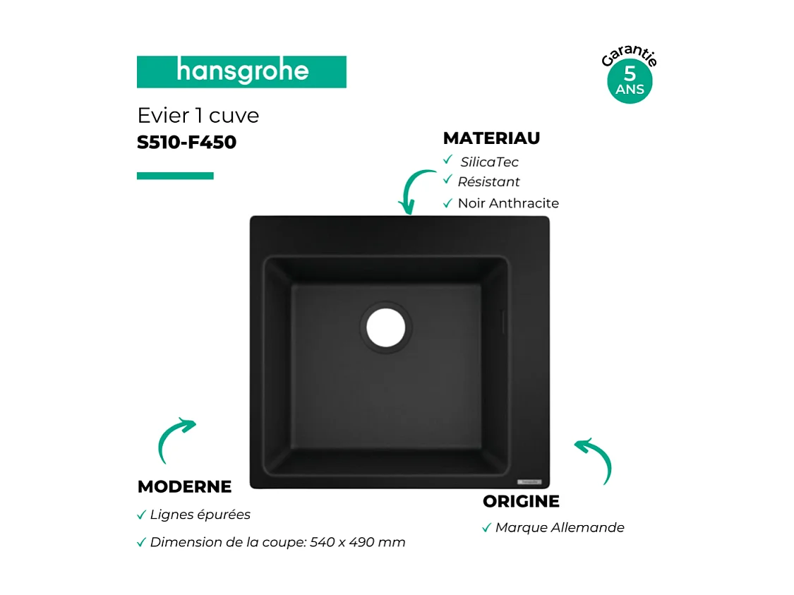 Evier à encastrer 1 bac HANSGROHE S51 450 sans vidage noir graphite