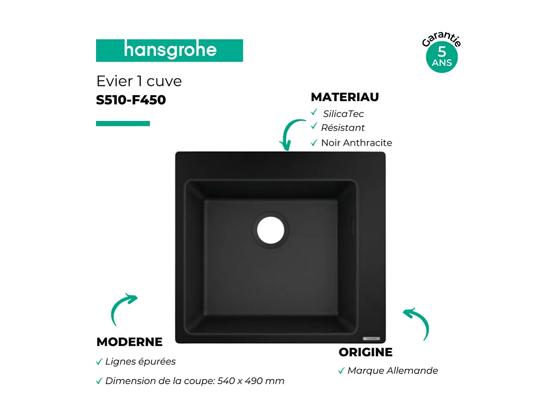 Evier à encastrer 1 bac HANSGROHE S51 450 sans vidage noir graphite
