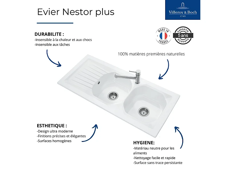 Evier céramique à encastrer 2 bacs 113x51cm VILLEROY ET BOCH Nestor plus