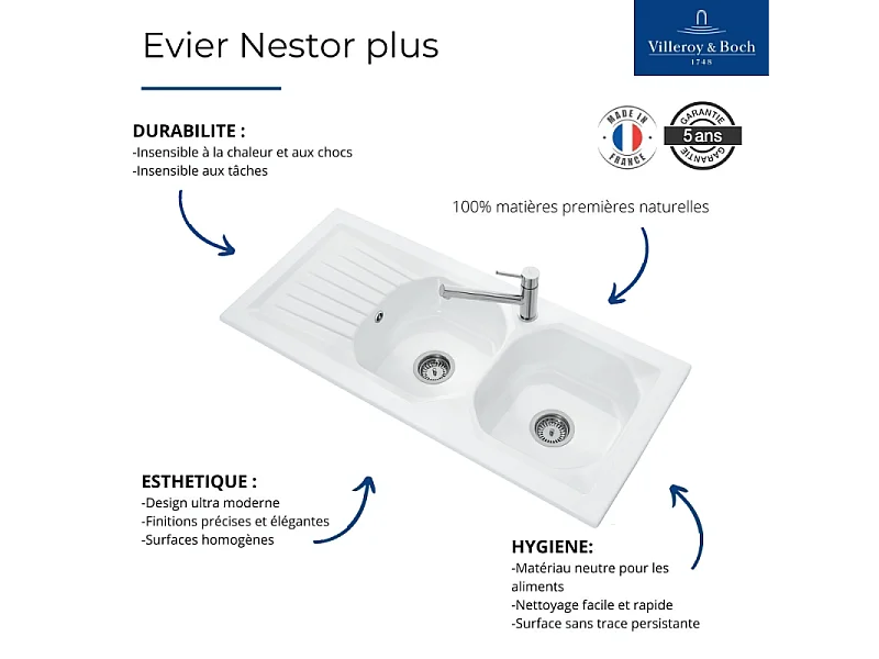 Evier céramique à encastrer 2 bacs 113x51cm VILLEROY ET BOCH Nestor plus