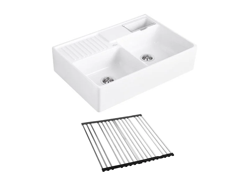 Evier timbre d'office VILLEROY ET BOCH Tradition 2 bacs 89,5 x 63 céramique vidage auto blanc + Egouttoir déroulable
